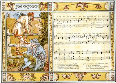 "Jog On، Jog On" ، توضيح الأغنية من "Pan-Pipes" ، كتاب الأغاني القديمة ، مرتب حديثًا ومع المرافقات من Theo. Marzials ، نشر في لندن من قبل جورج روتليدج وأولاده ، 1884 بواسطة والتر كرين